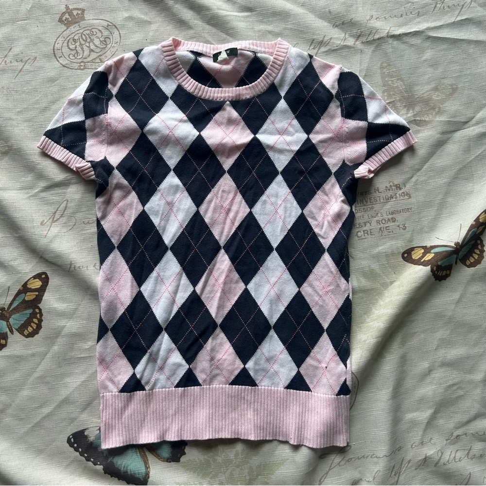 J. Crew Pink and Black Argyle preppy short‎ sleeve shirt
